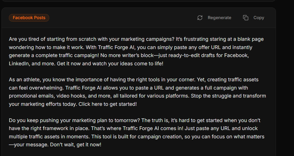 TrafficForge AI Facebook post output example